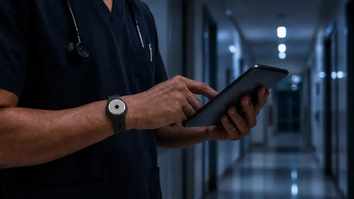 Clinician in scrubs using a tablet while wearing a Token wristband authenticator