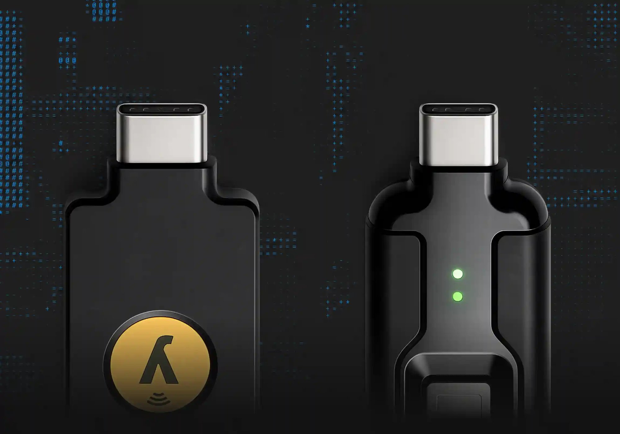 USB-C connectors on a YubiKey and a Token BioStick shown side by side