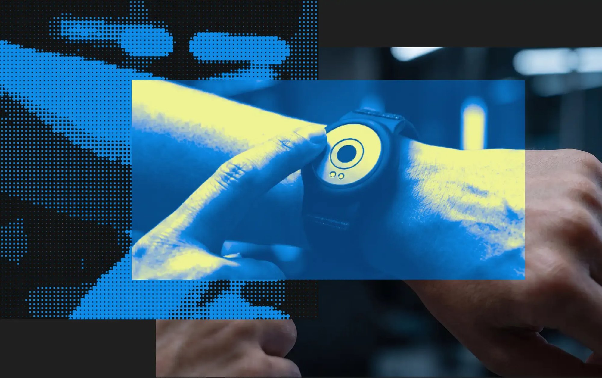 Hand holding a TokenCore biometric authenticator against an abstract blue circuit pattern