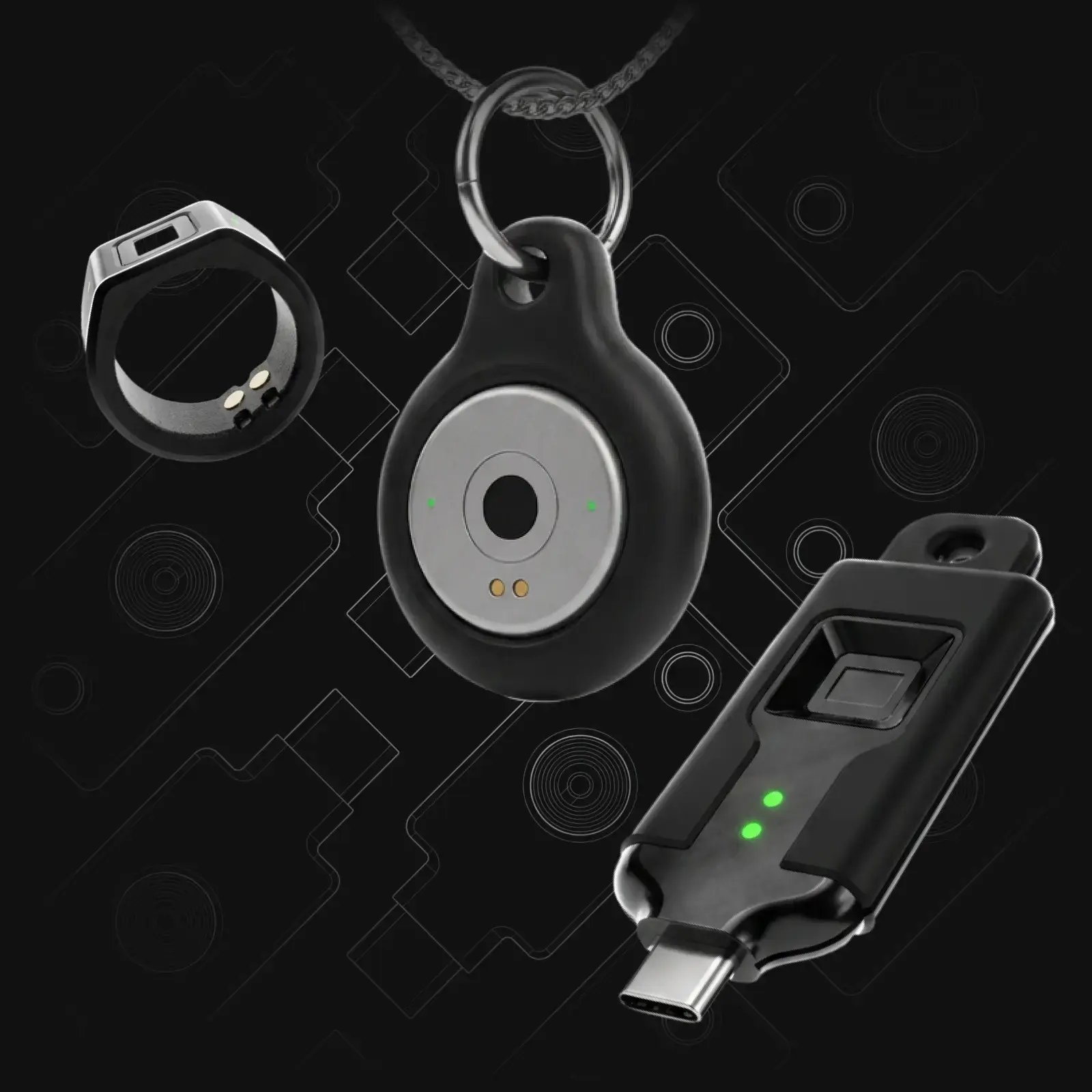 TokenCore Wearable ring, Node and Portable biometric passkeys arranged on a dark technical background