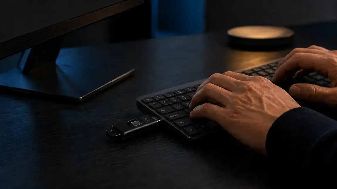 Token BioStick resting beside a wireless keyboard as a user types at a desktop