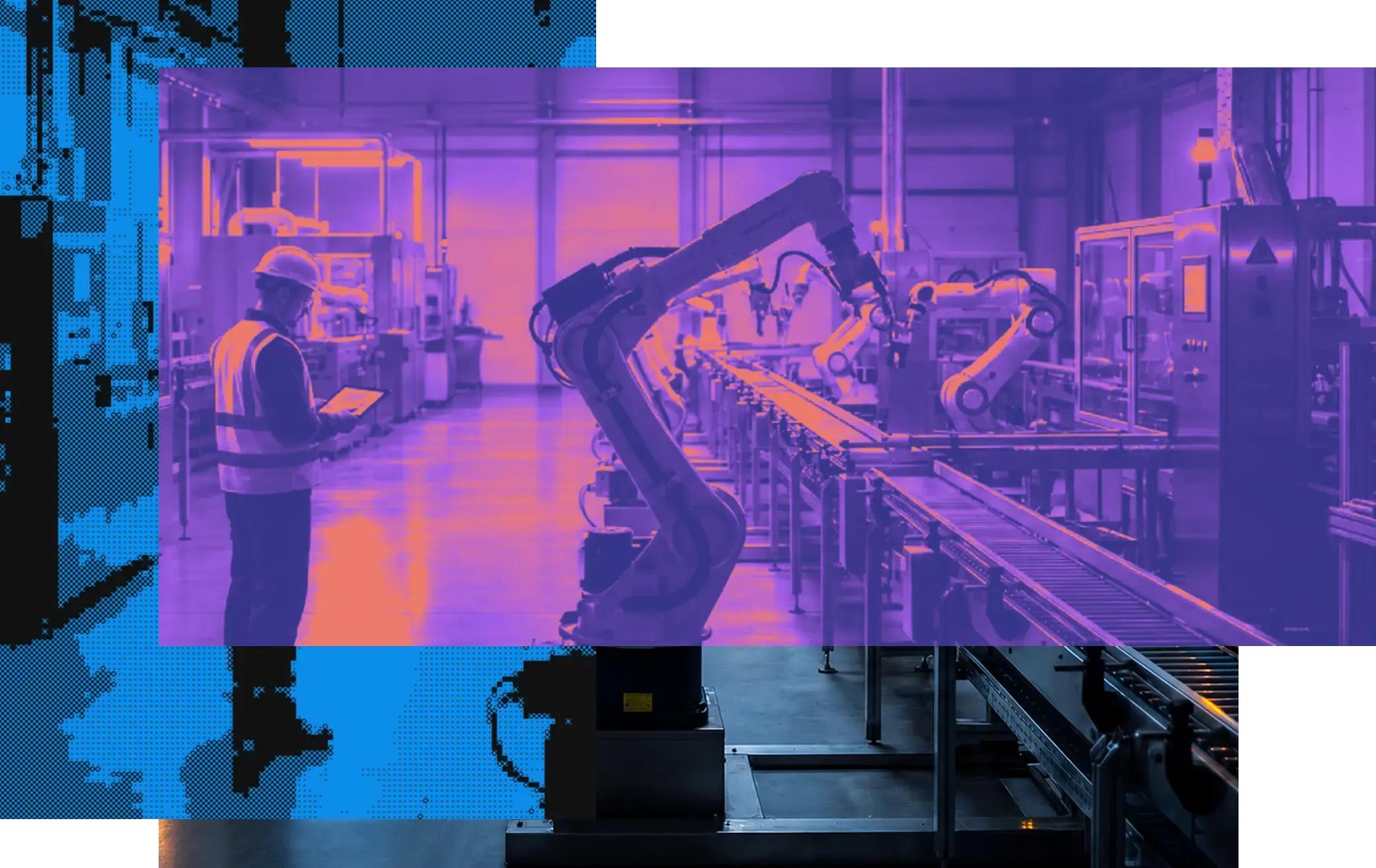 Engineer with a tablet beside a robotic production line